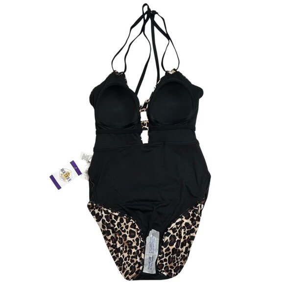 NWT Time And Tru Womens XL Leopard Print One Piece Halter Swimsuit Open Back - Picture 3 of 16